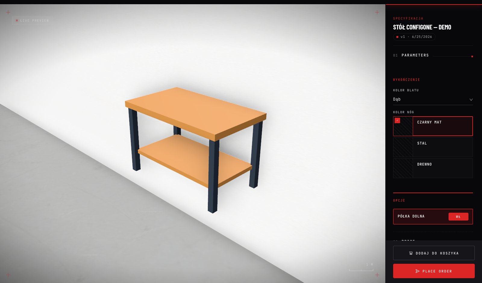 Konfigurator 3D — podgląd (kolorowy stół z opcjami)